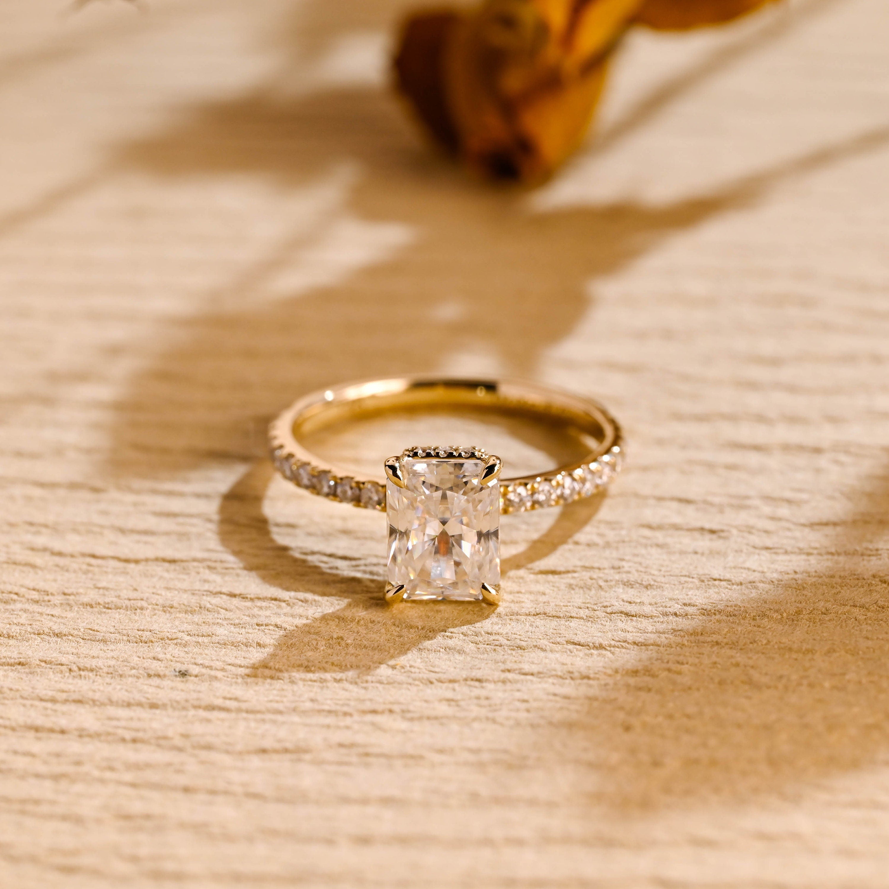 radiant cut hidden halo moissanite engagement ring
