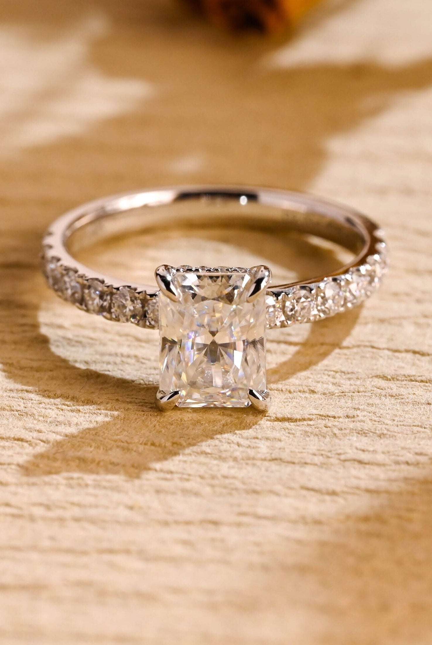 radiant cut pavé moissanite engagement ring