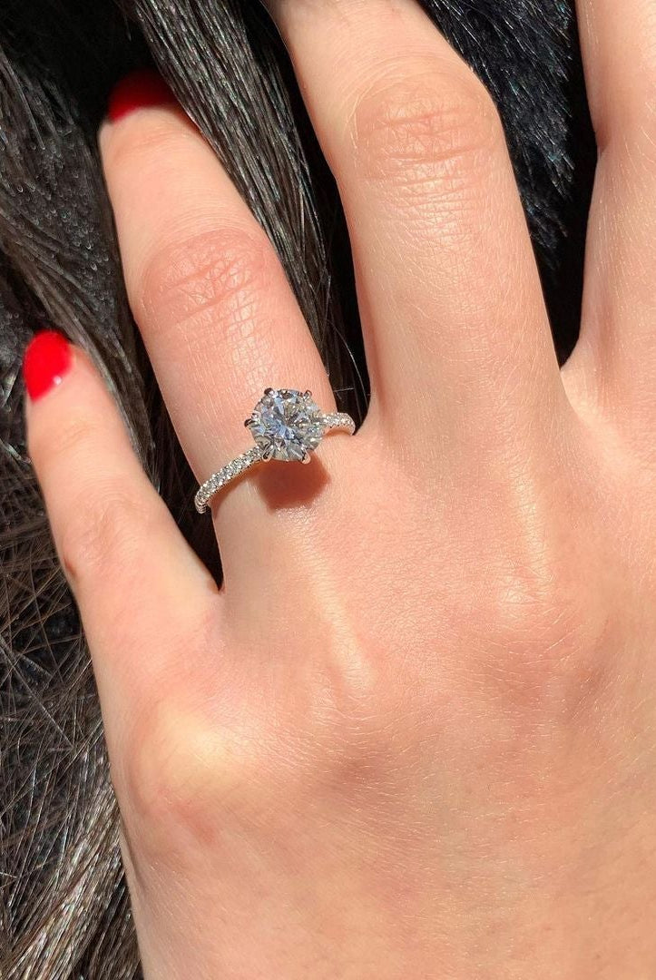1.20CT Round Six Prong Moissanite Diamond Pave Engagement Ring