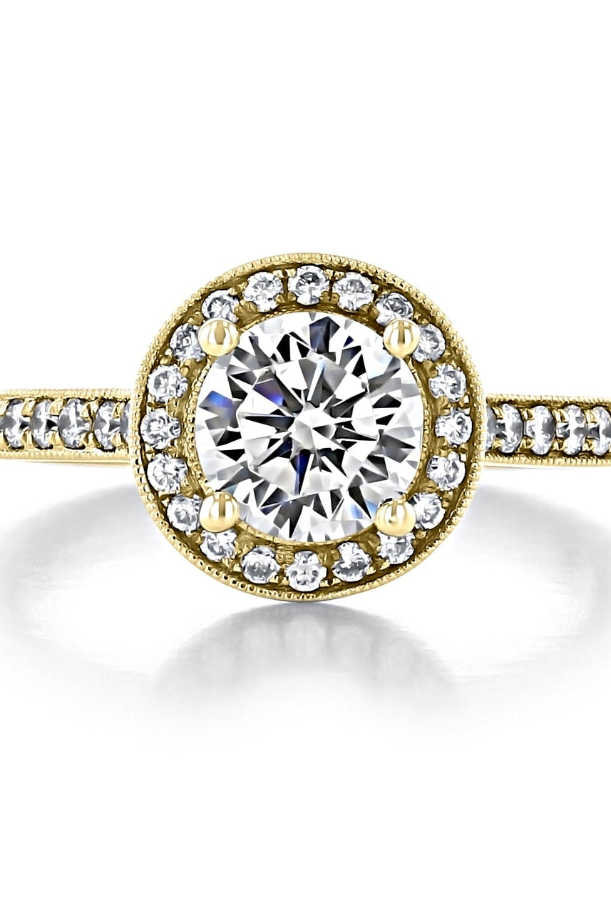 1.0CT Round Halo Moissanite Diamond Pave Engagement Ring In 18K Yellow Gold