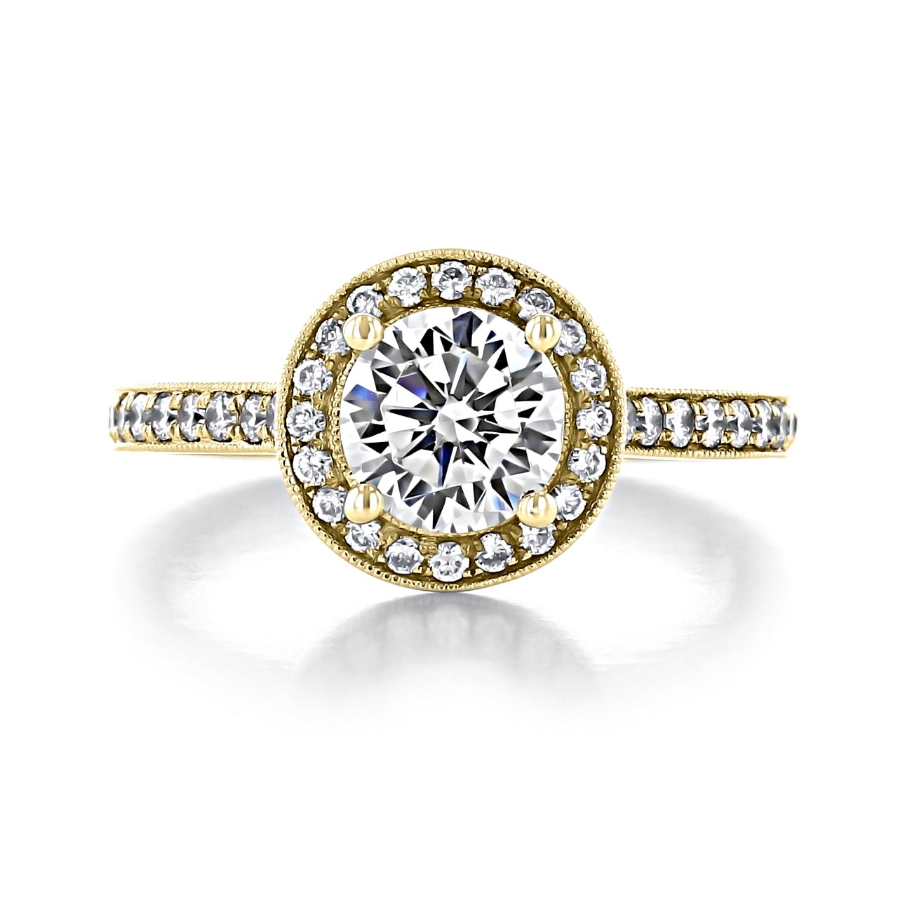 1.0CT Round Halo Moissanite Diamond Pave Engagement Ring In 18K Yellow Gold