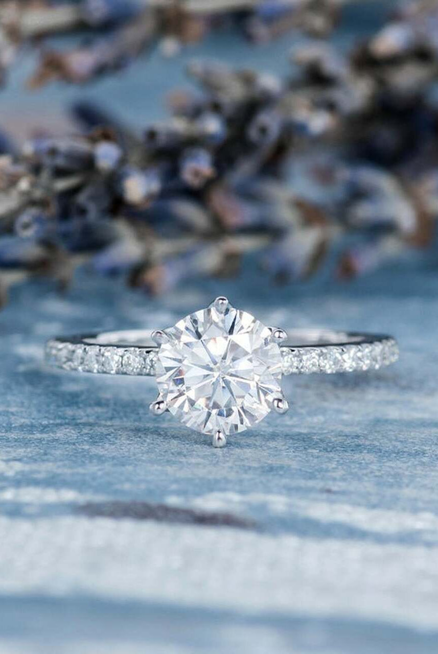1.0CT Round Six Prong Moissanite Diamond Pave Engagement Ring