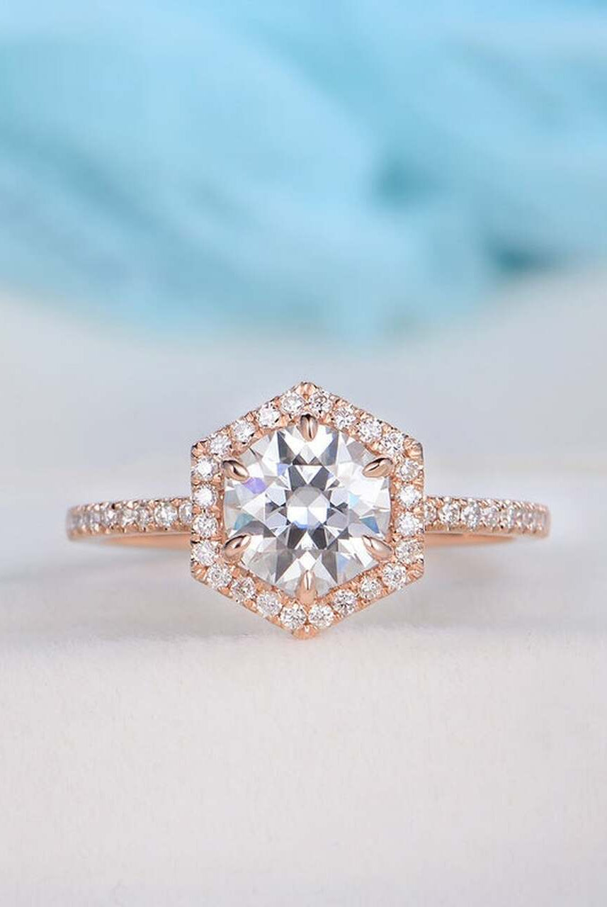 1.0CT Round Hexagon Shaped Halo Moissanite Diamond Pave Engagement Ring