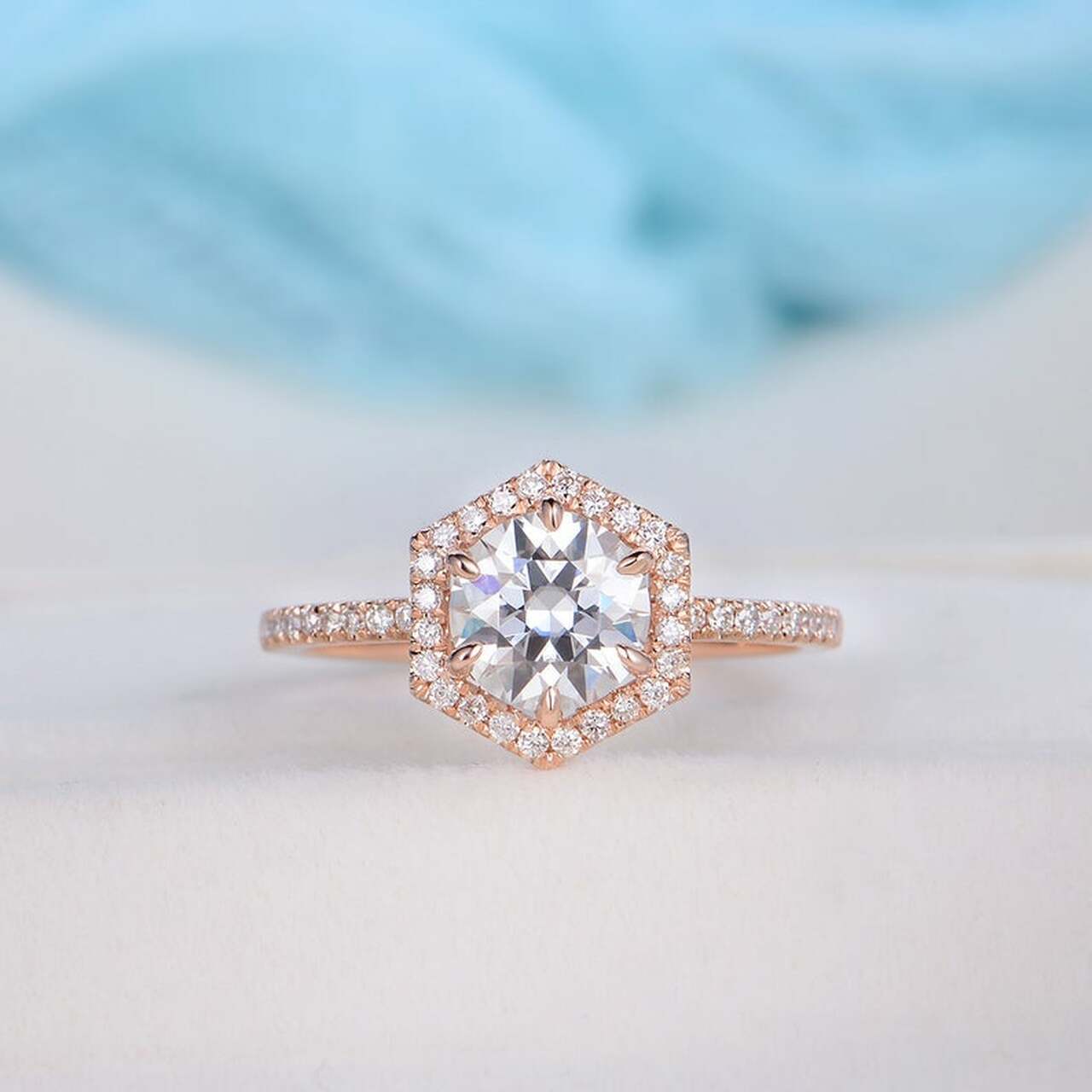 1.0CT Round Hexagon Shaped Halo Moissanite Diamond Pave Engagement Ring