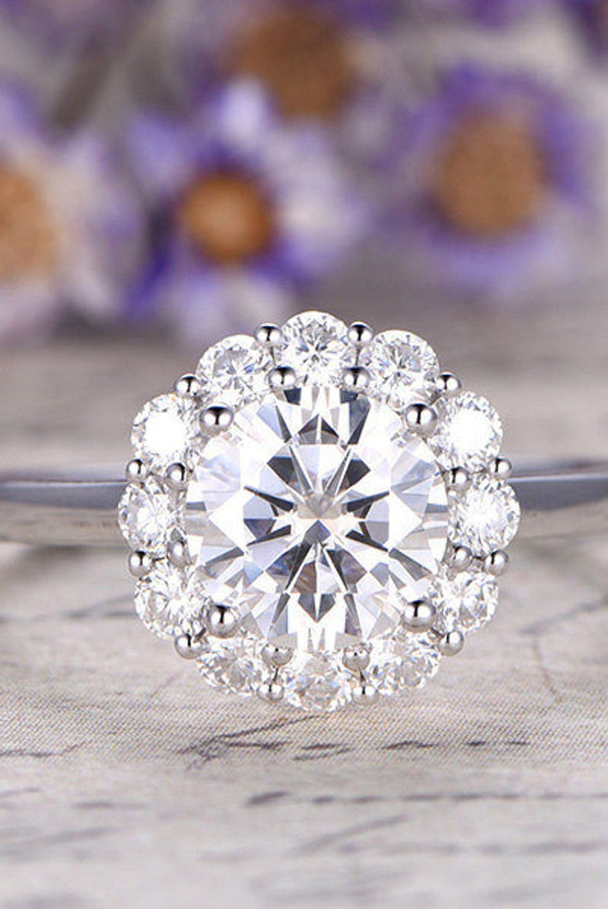 1.25CT Round Floral Halo Moissanite Diamond Engagement Ring For Women