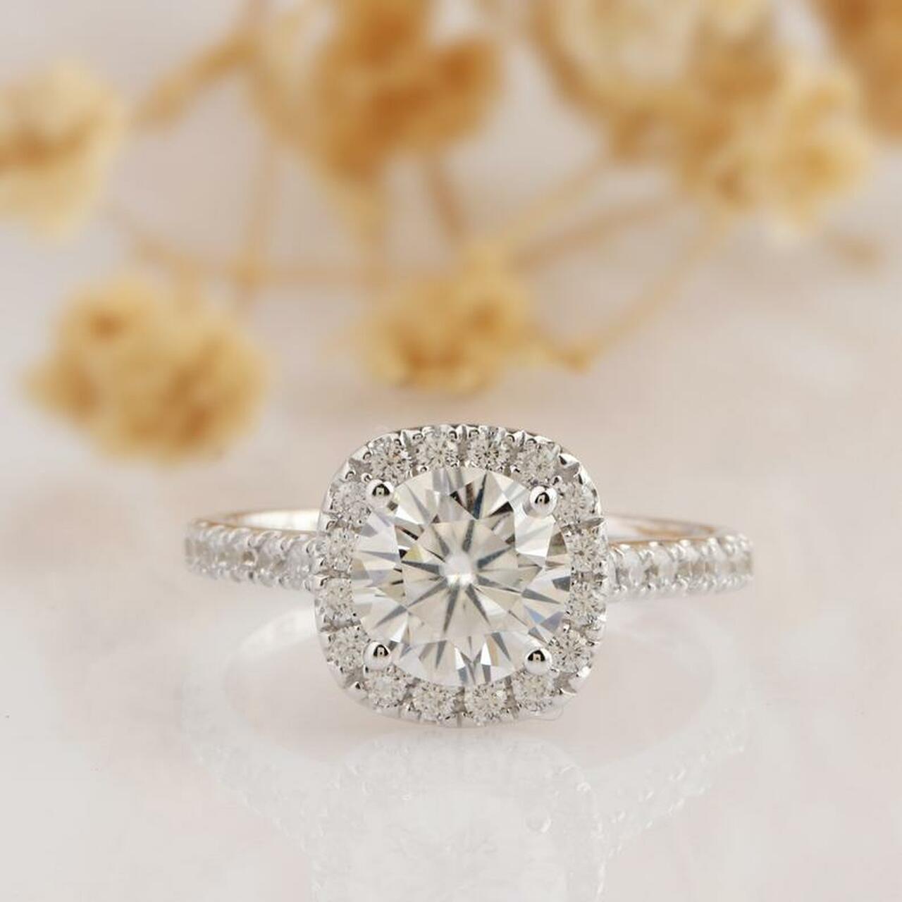 1.0CT Cathedral Set Round Moissanite Diamond Halo Engagement Ring