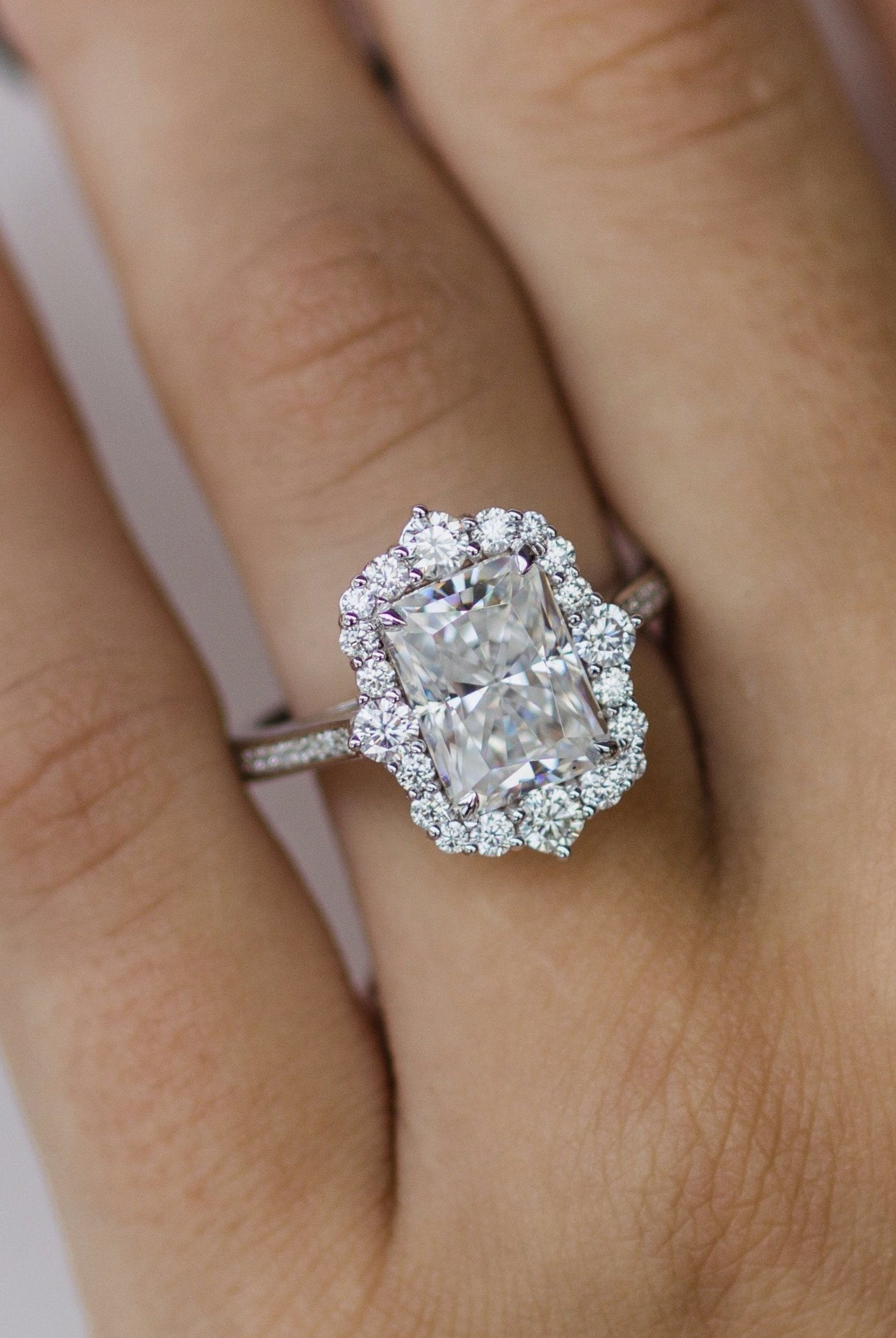 3.40CT Radiant Cut Unique Halo Moissanite Engagement Ring