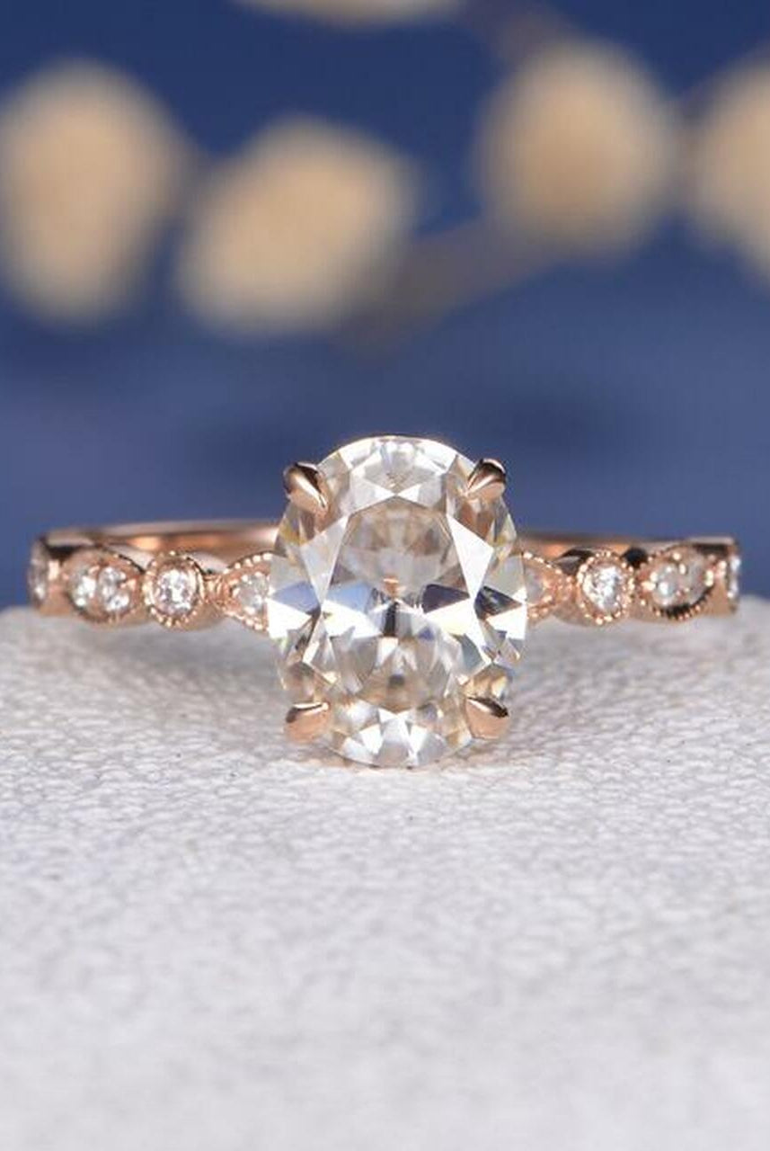 2.0CT Oval Four Prong Moissanite Diamond Vintage Pave Engagement Ring