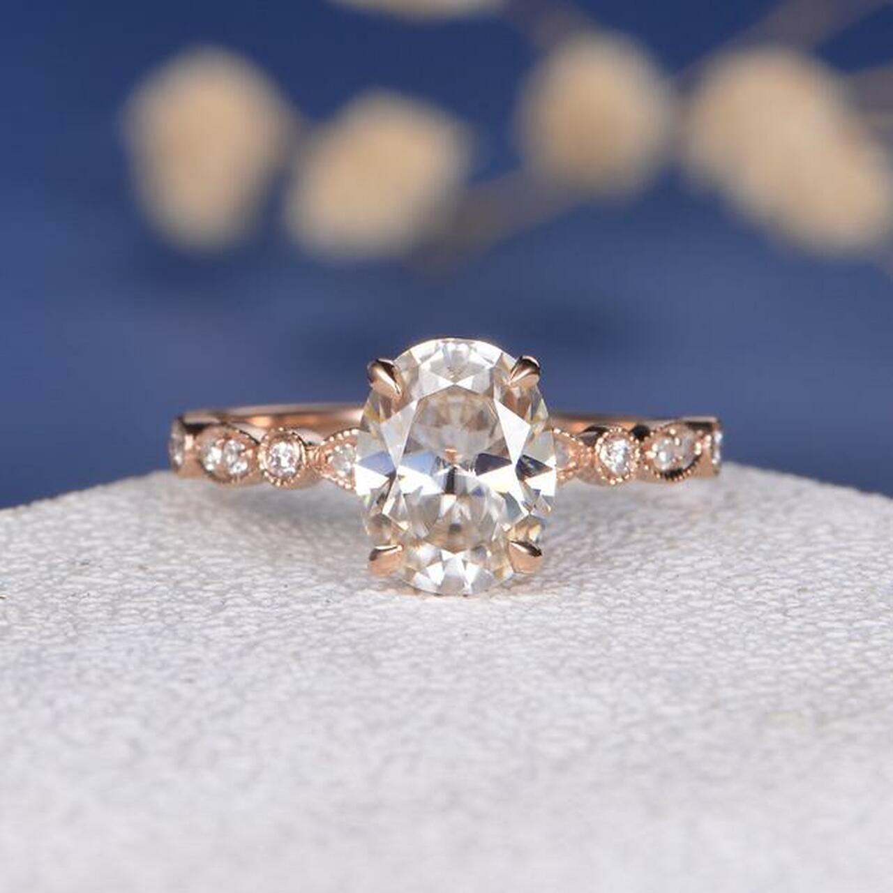 2.0CT Oval Four Prong Moissanite Diamond Vintage Pave Engagement Ring