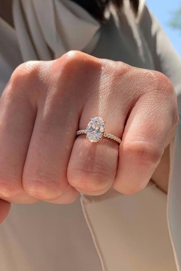 1.33CT Oval Pave Moissanite Diamond Four prong Engagement Ring in 14K Yellow Gold