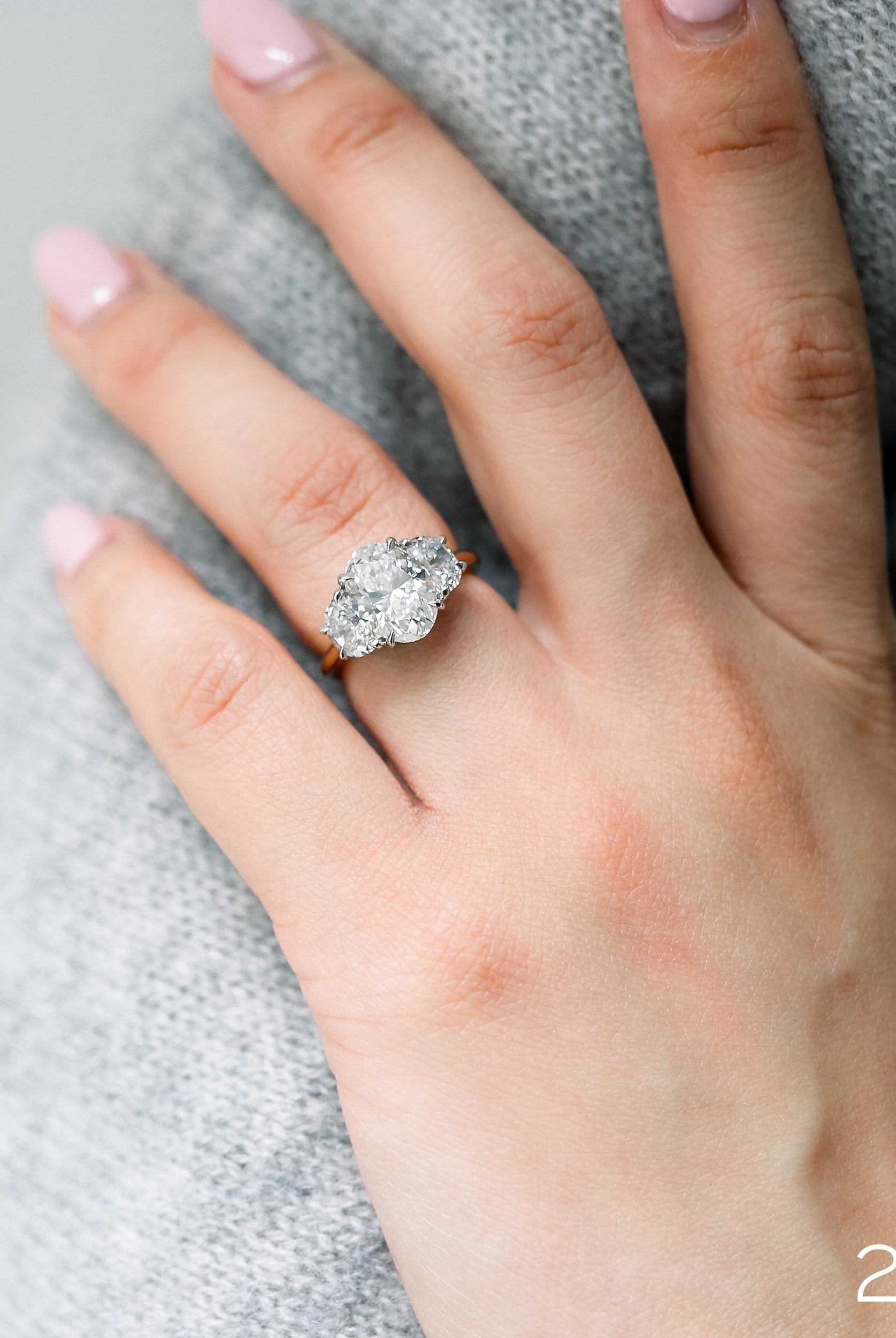 2.25CT Cathedral Set Oval Moissanite Diamond Three Stone Engagement Ring In 18K Solid Gold