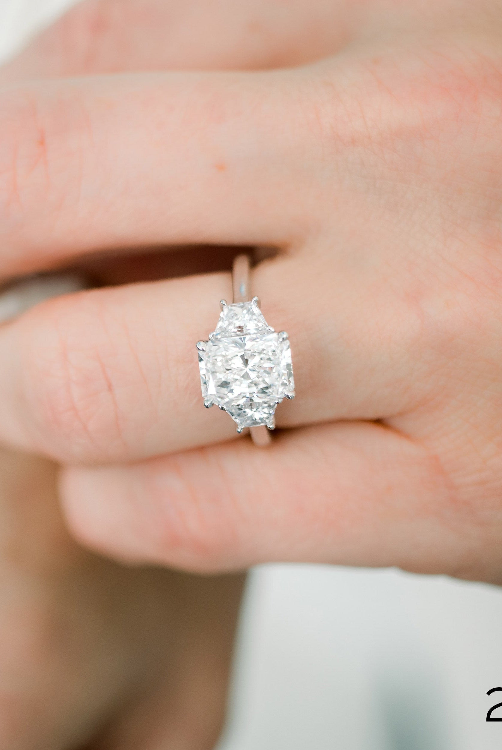 2.50CT Cathedral Set Radiant Moissanite Diamond Thre Stone Engagement Ring In 18K White Gold