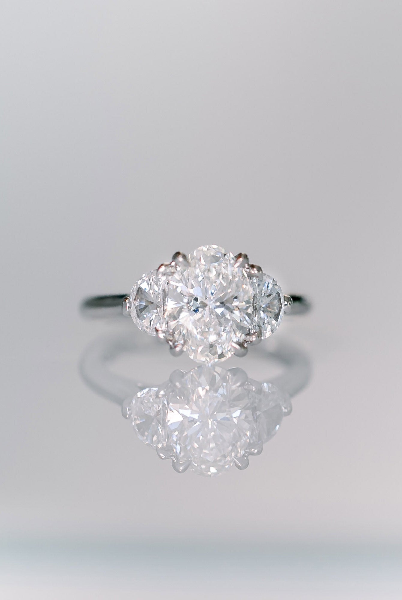 2.25CT Cathedral Set Oval Moissanite Diamond Three Stone Engagement Ring In 18K Solid Gold