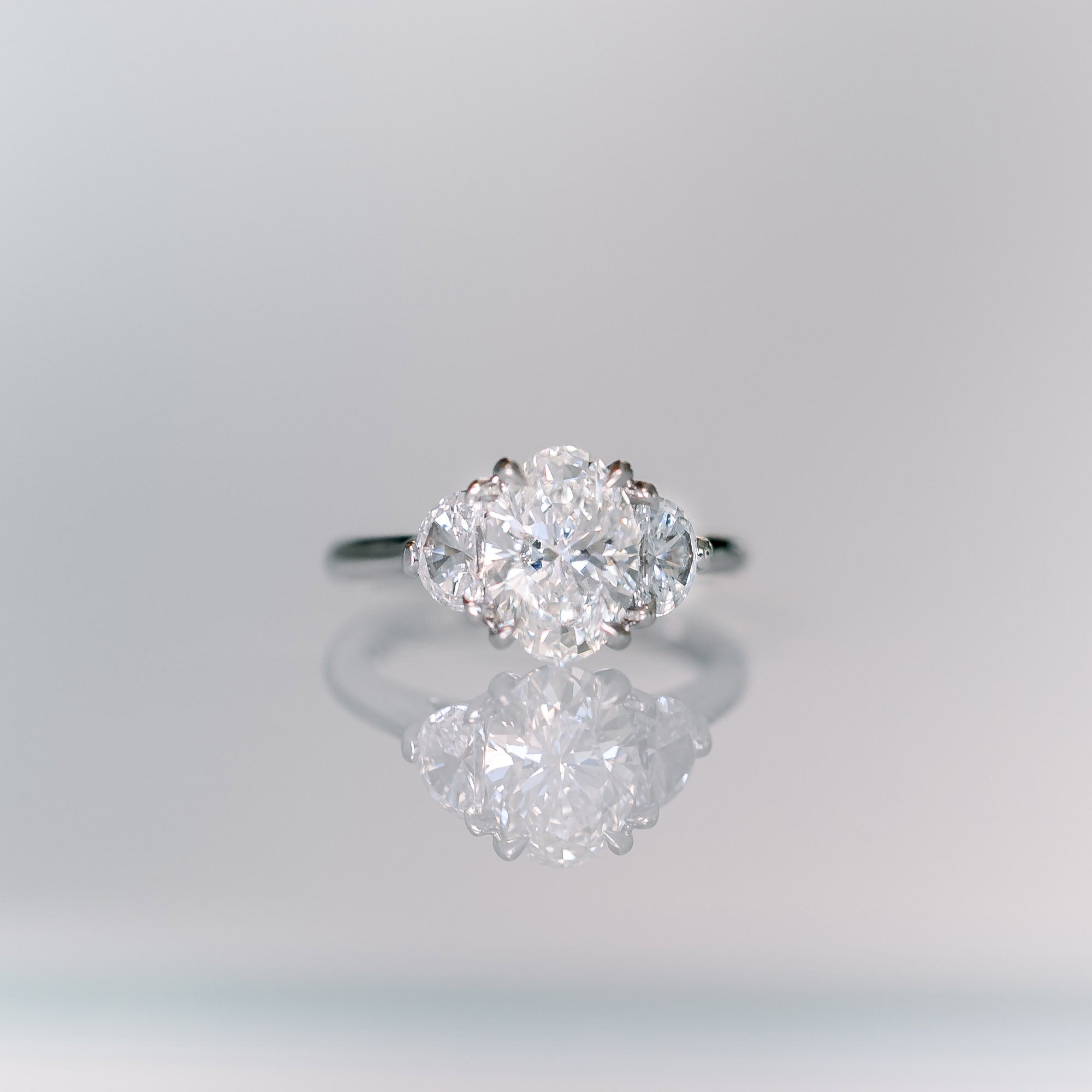 2.25CT Cathedral Set Oval Moissanite Diamond Three Stone Engagement Ring In 18K Solid Gold