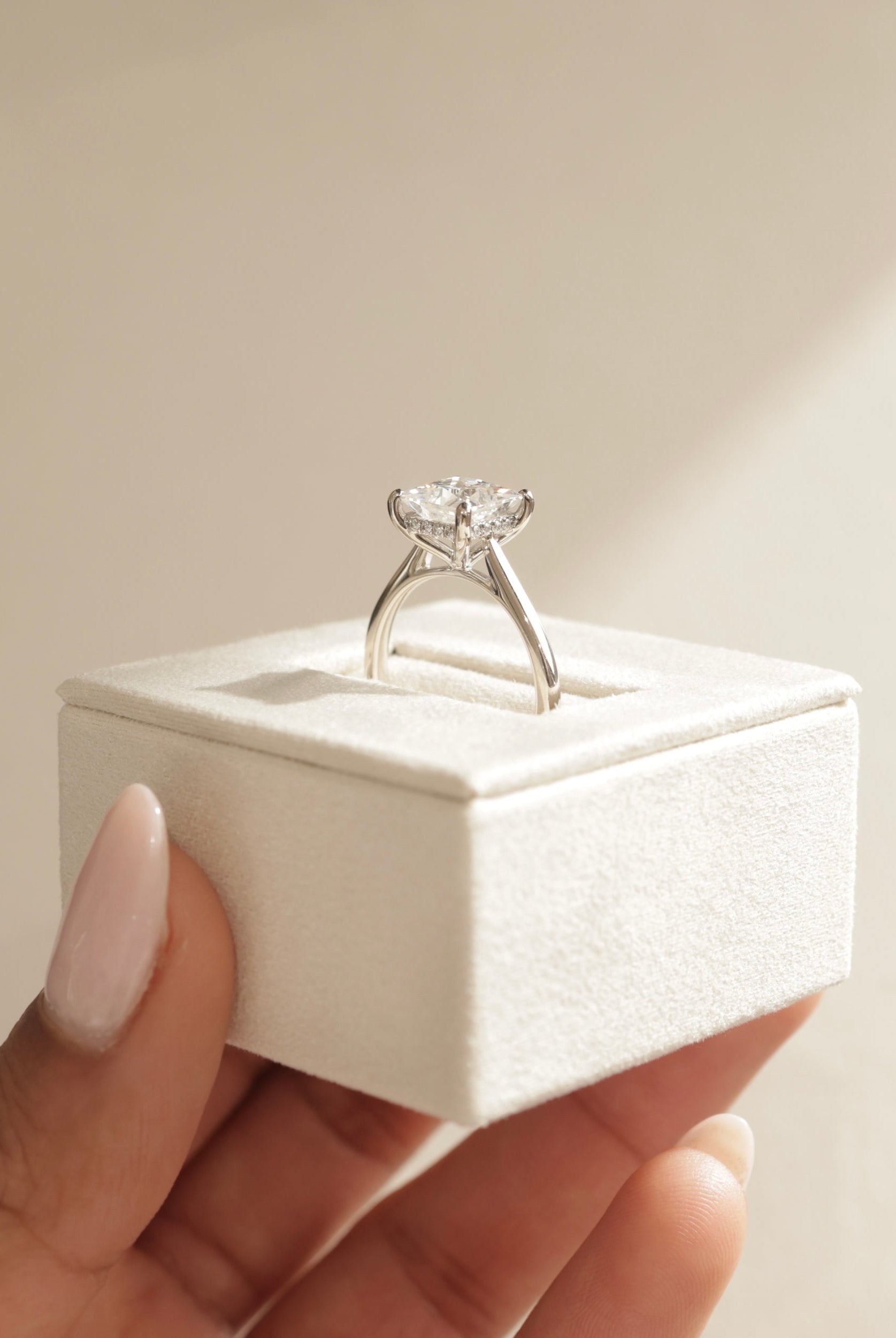 princess cut moissanite for her, hidden halo princess ring, custom moissanite engagement ring, timeless princess solitaire ring, sparkling hidden halo ring, affordable diamond alternative ring