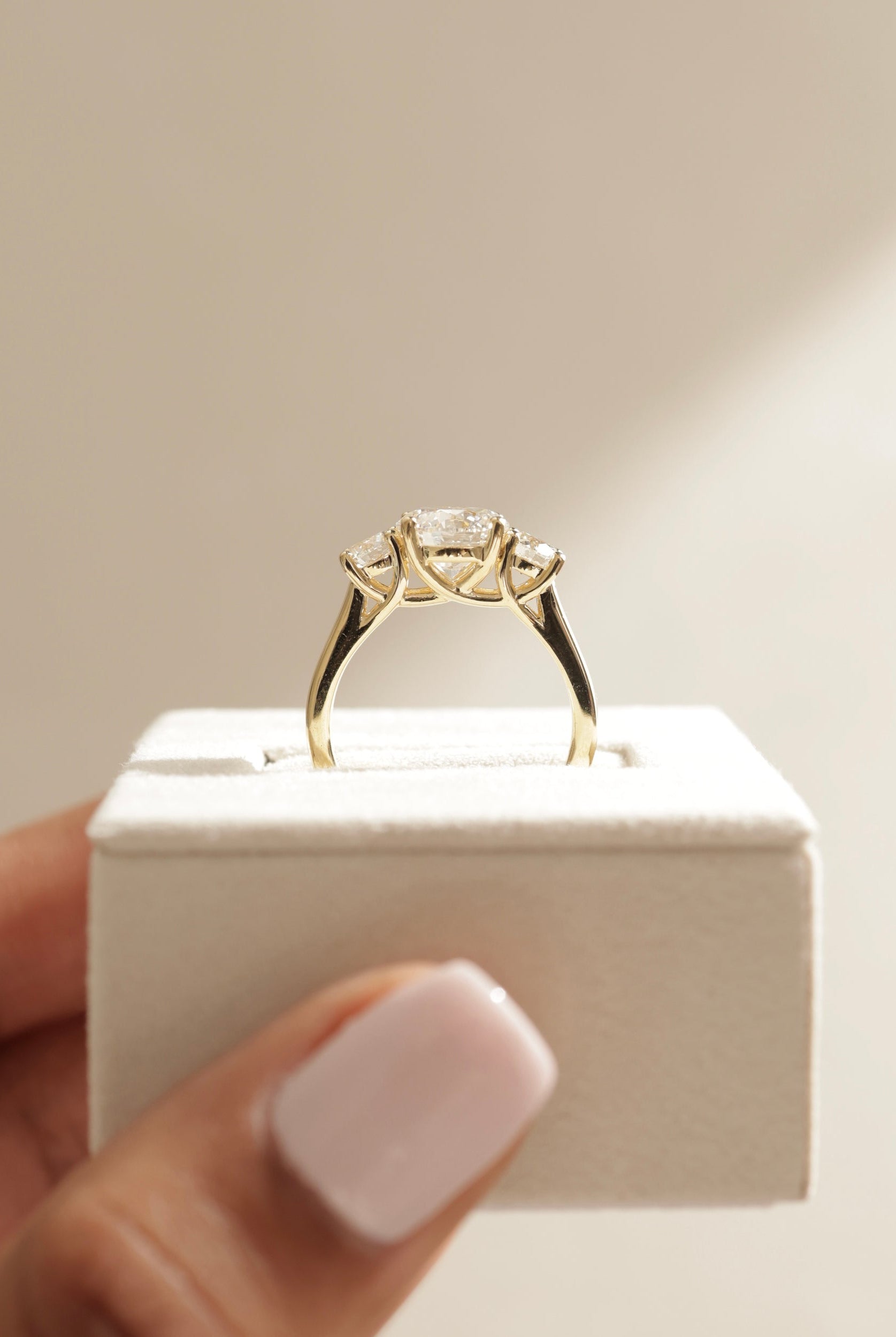 moissanite three stone ring for her, symbolic three stone ring, past present future ring, elegant round moissanite ring