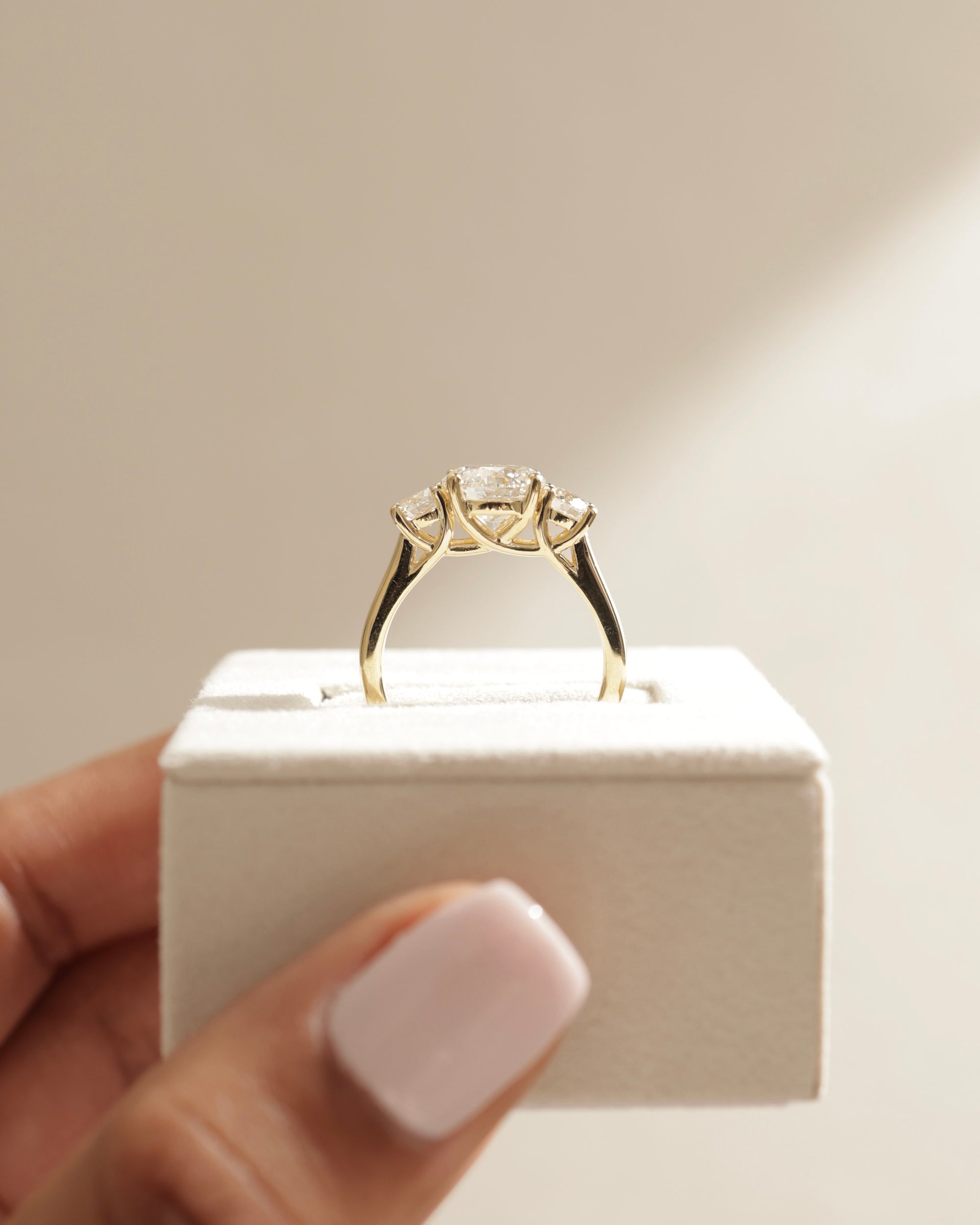 moissanite three stone ring for her, symbolic three stone ring, past present future ring, elegant round moissanite ring