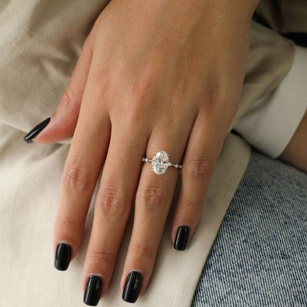 2.0ct Oval Petite Pave Moissanite Diamond Four Prong Engagement Ring In 18K Solid Gold