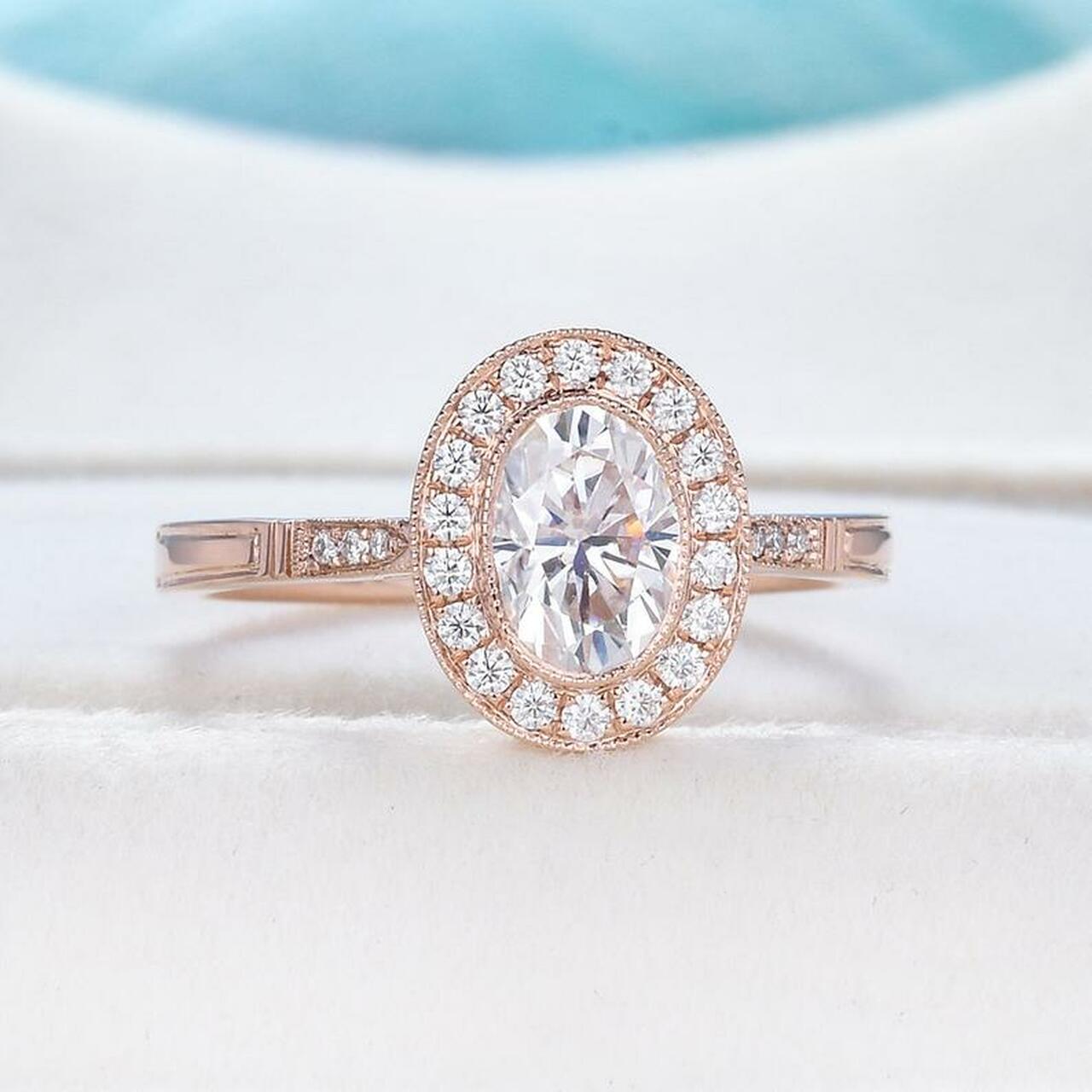 1.0CT Oval Cut 14K Rose Gold Moissanite Engagement Ring