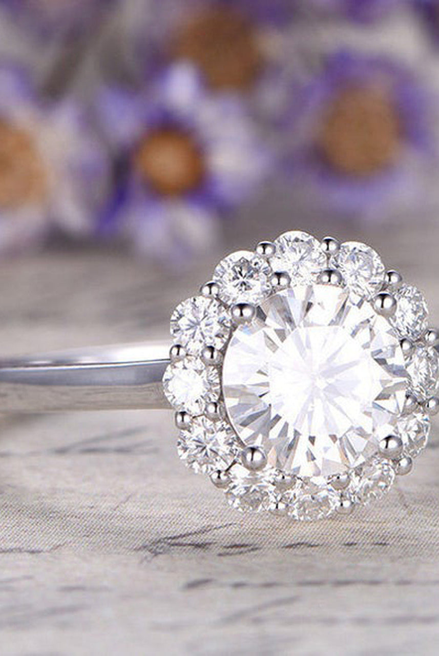 1.25CT Round Floral Halo Moissanite Diamond Engagement Ring For Women