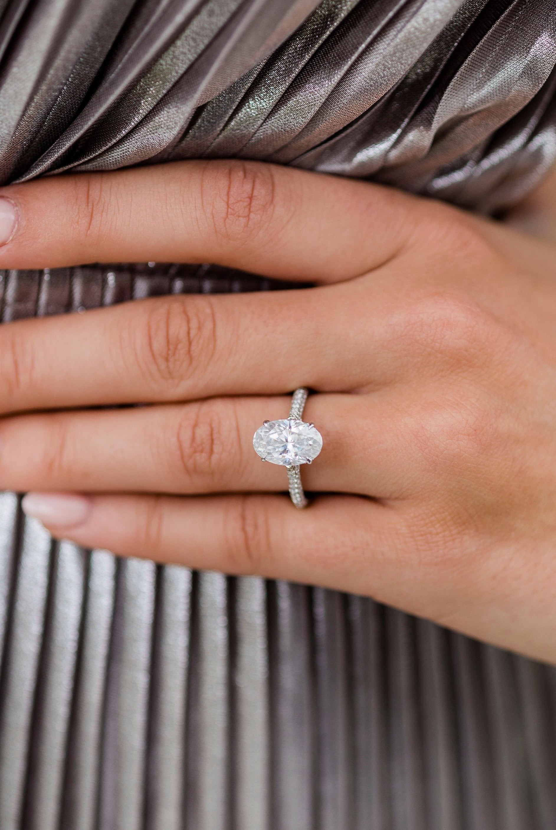 3.40CT Elongated Oval Cut Hidden Halo Moissanite Engagement Ring