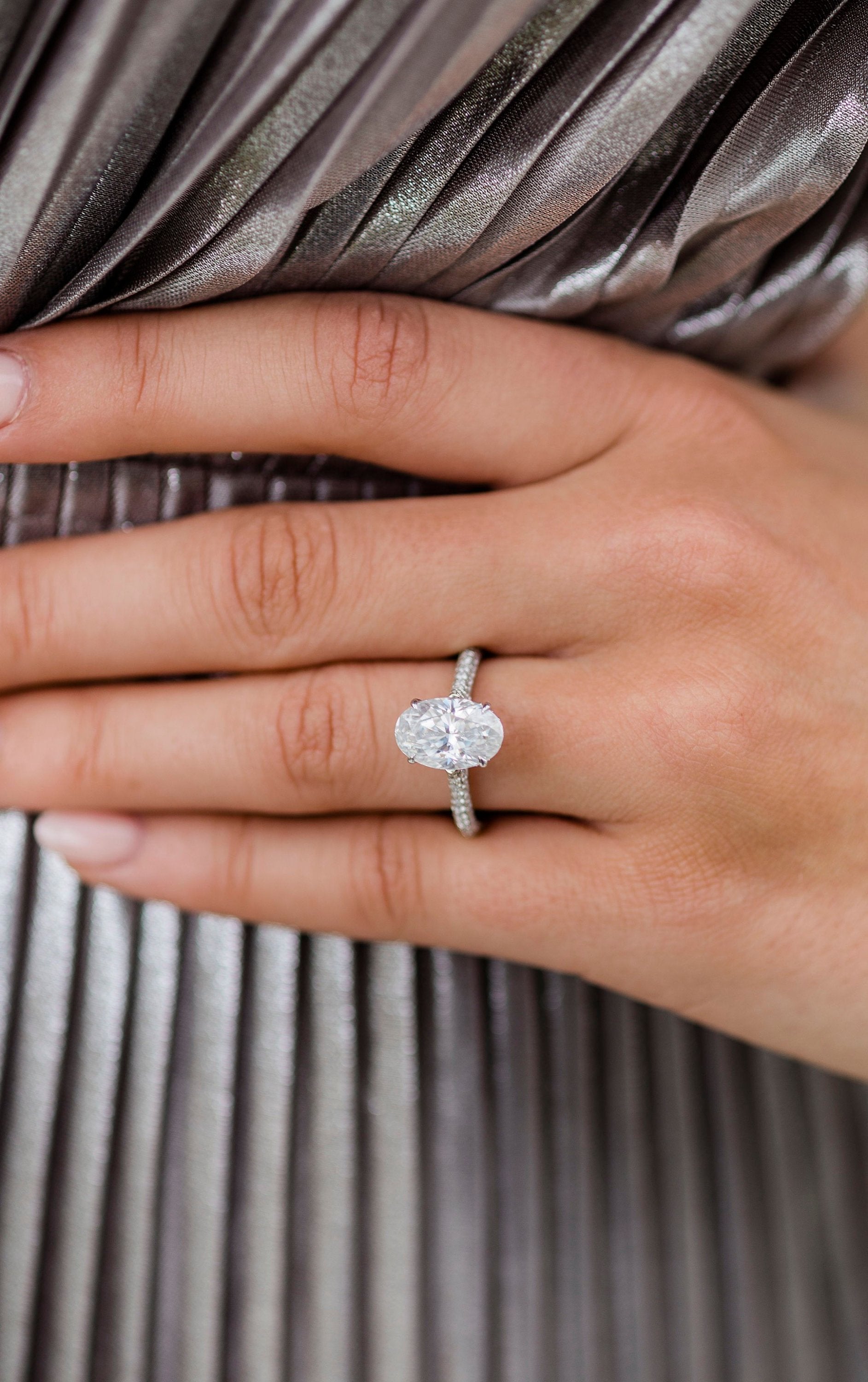 3.40CT Elongated Oval Cut Hidden Halo Moissanite Engagement Ring