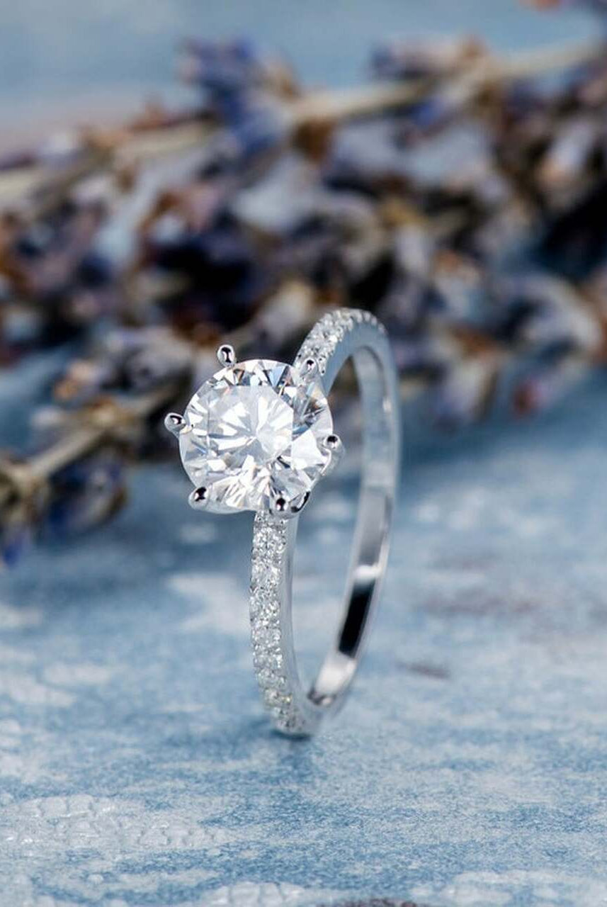 1.0CT Round Six Prong Moissanite Diamond Pave Engagement Ring