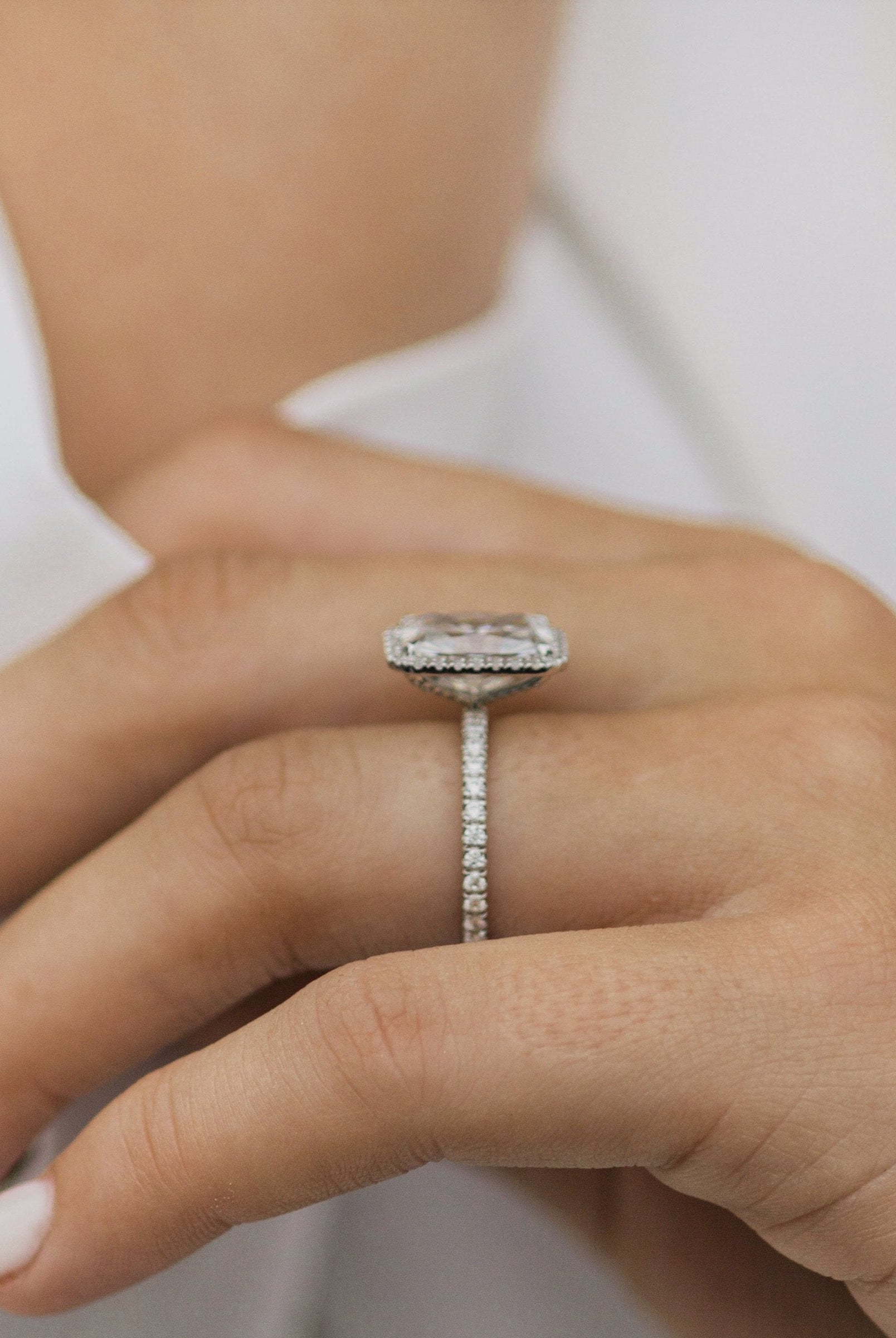 3.70CT Crushed Ice Hybrid Radiant Cut Halo Moissanite Engagement Ring