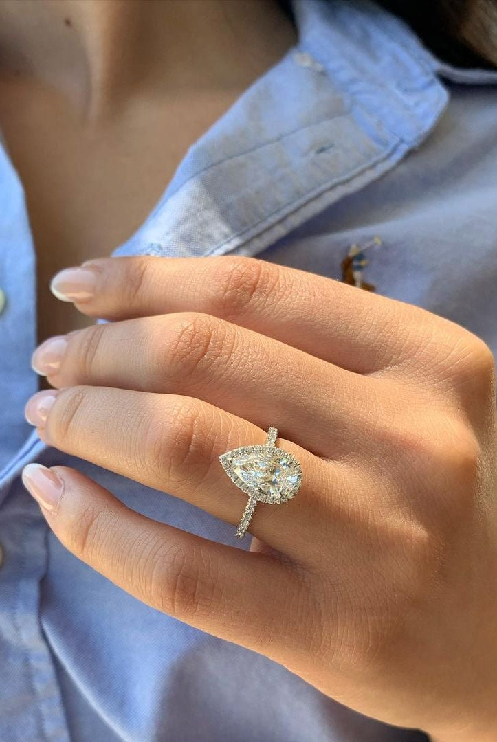 1.50CT Pear Halo Moissanite Diamond Pave Engagement Ring For Women In 14K Solid Gold
