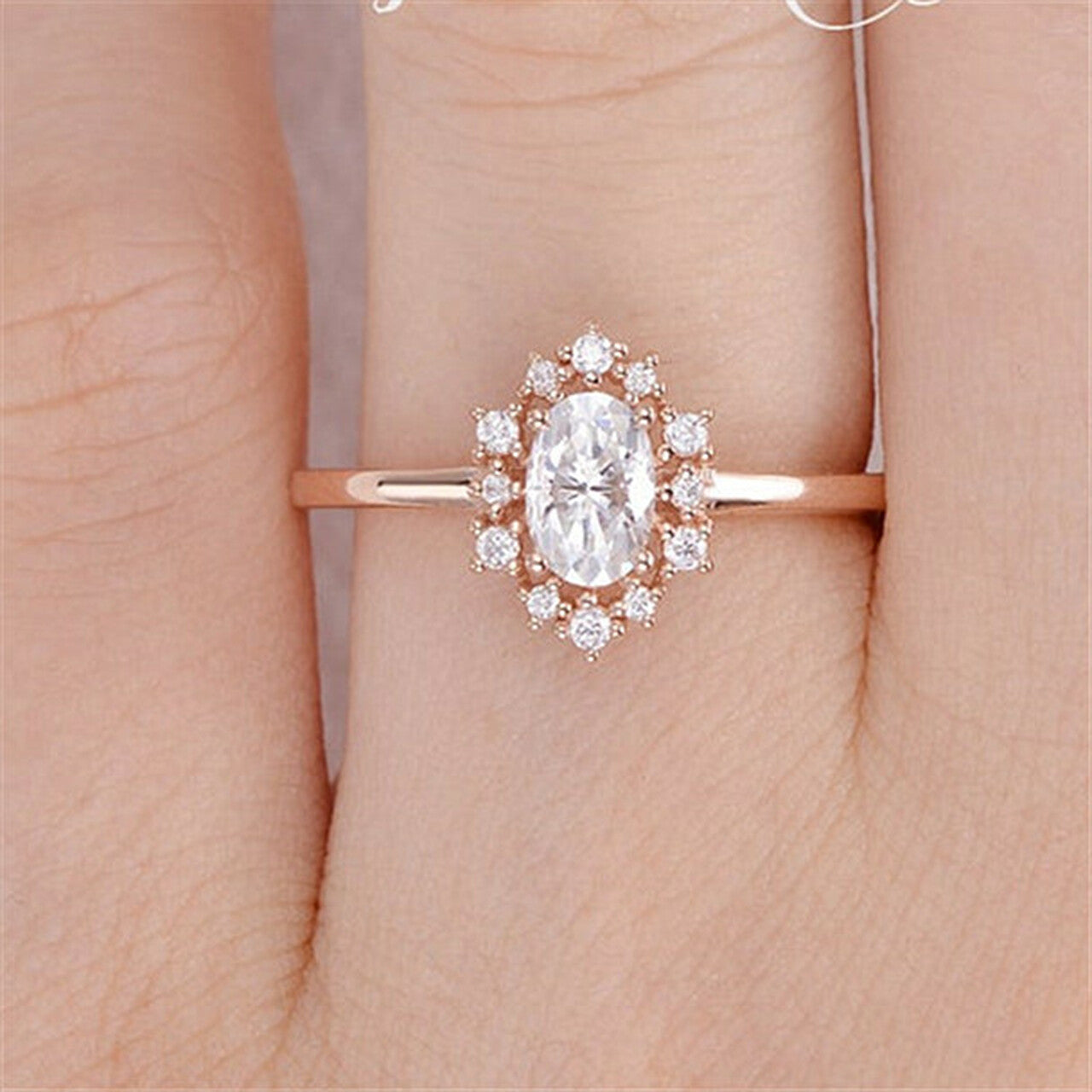1.0CT Oval Cut Rose Gold Cluster Moissanite Engagement Ring