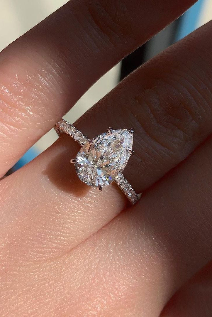 0.94CT Pear Pave Moissanite Diamond Five Prong Engagement Ring