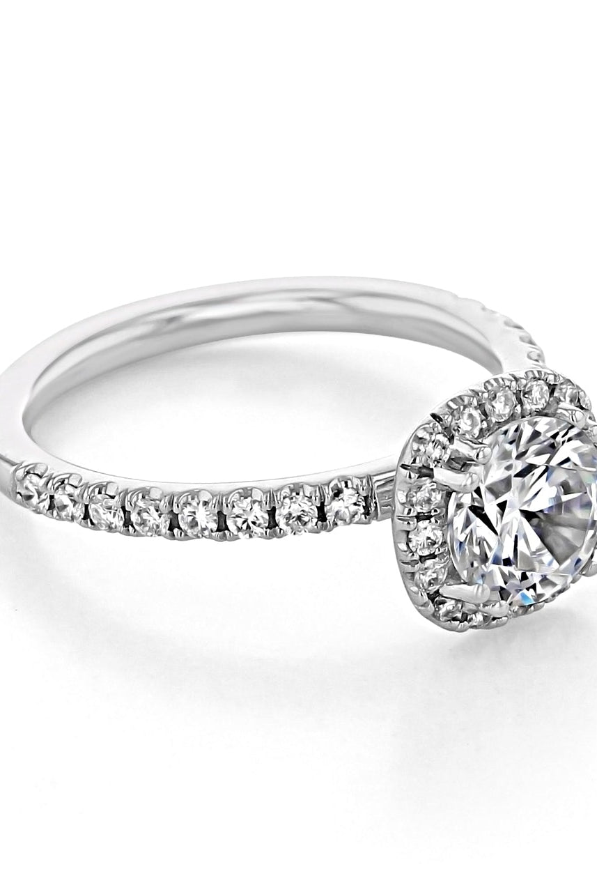 1.0ct Round Halo Moissanite Diamond Four Prong Engagement Ring