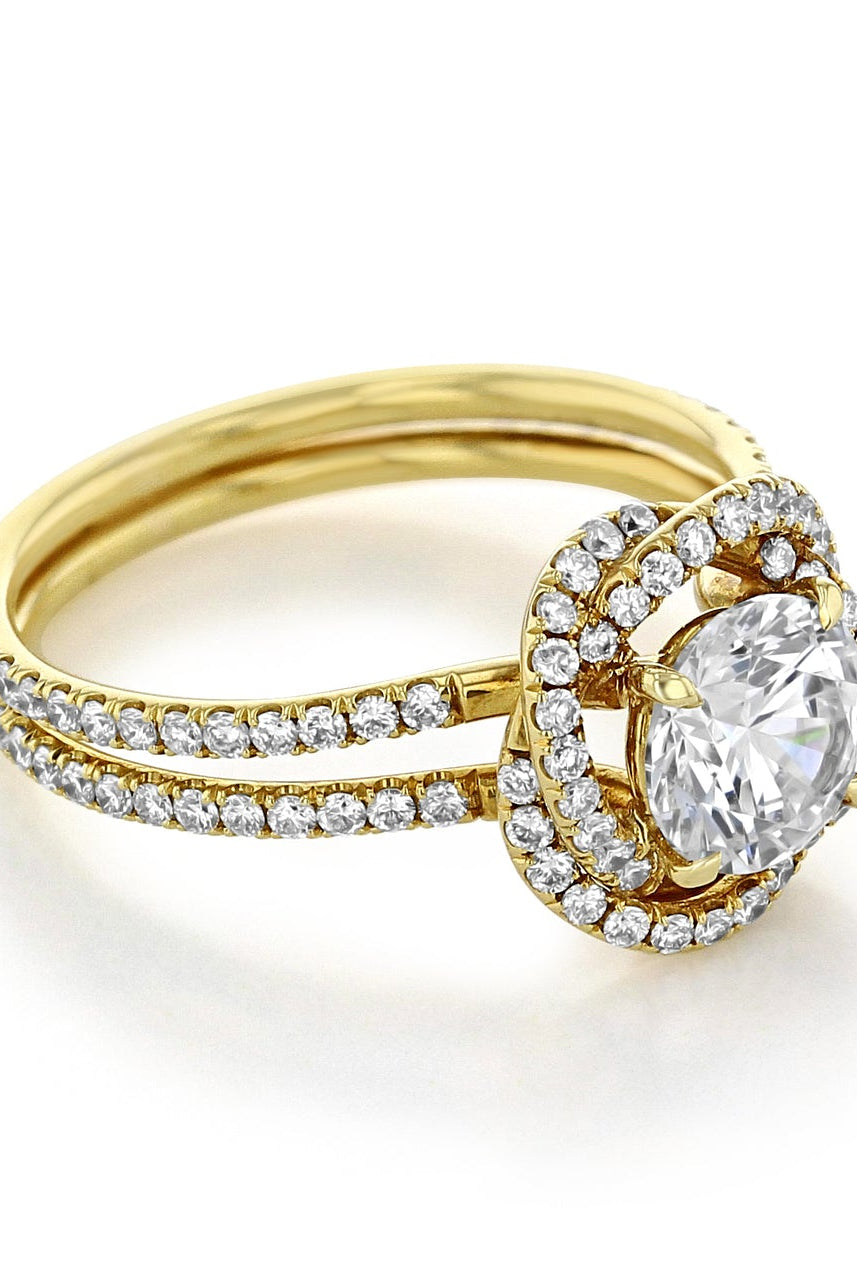 1.0ct Round Double Pave Moissanite Diamond Four Prong Engagement Ring In Solid Gold