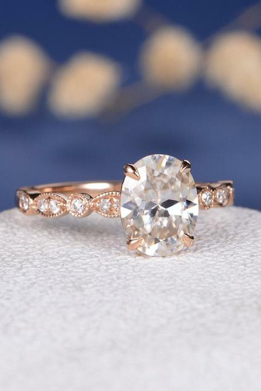 2.0CT Oval Four Prong Moissanite Diamond Vintage Pave Engagement Ring
