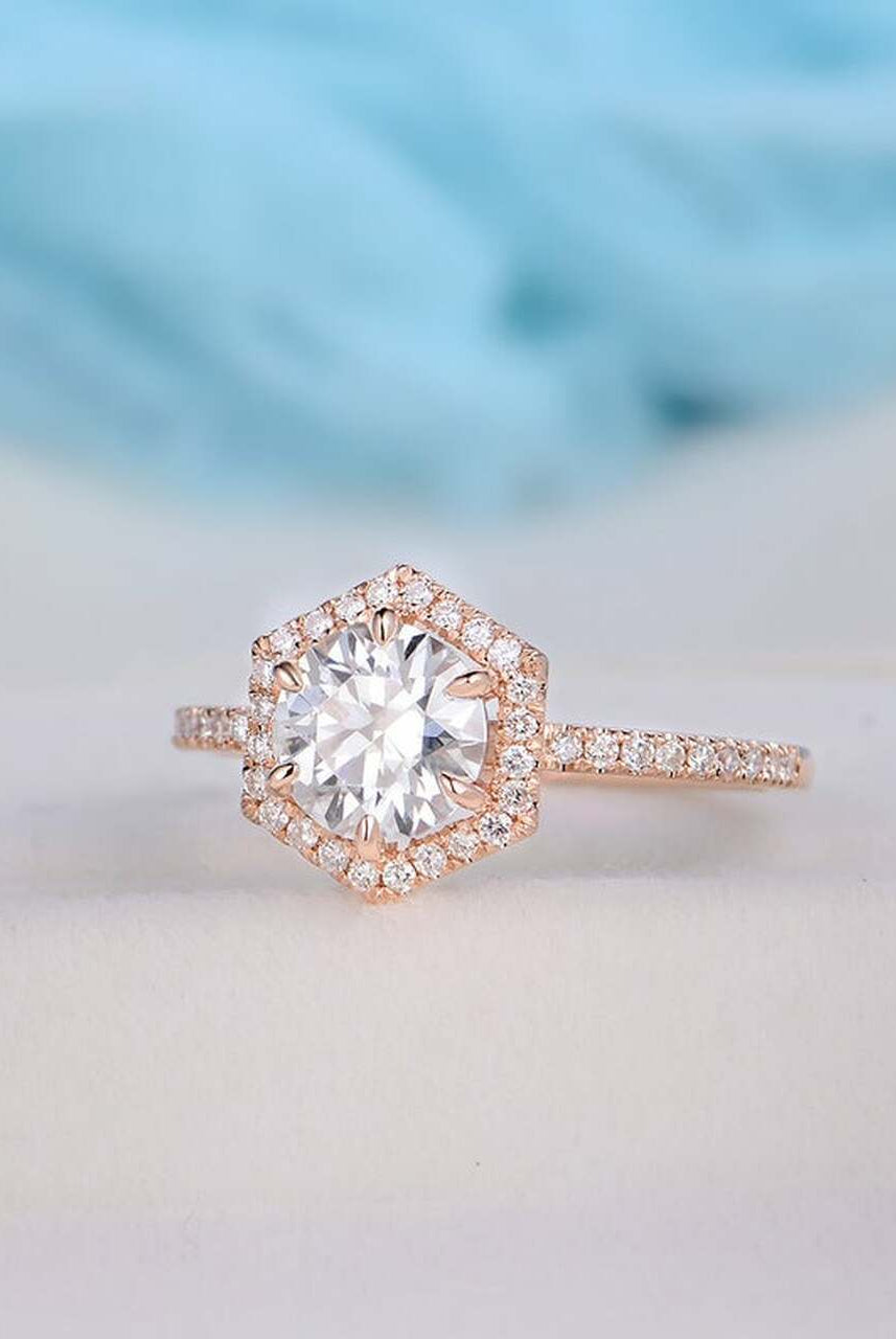 1.0CT Round Hexagon Shaped Halo Moissanite Diamond Pave Engagement Ring