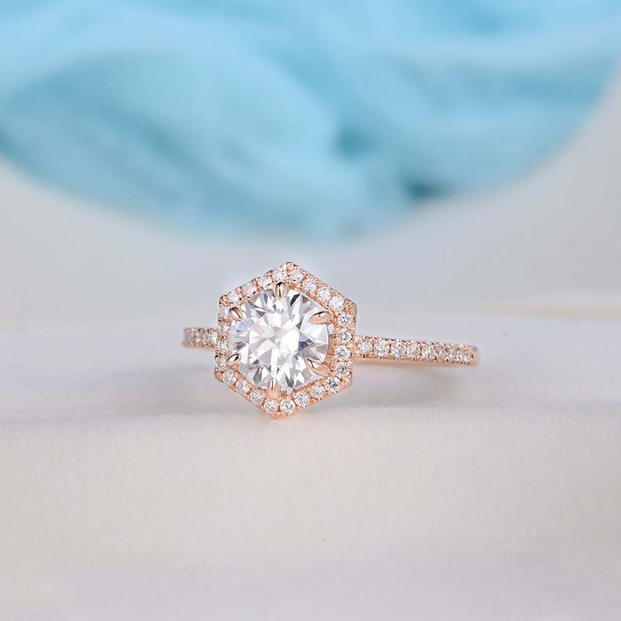 1.0CT Round Hexagon Shaped Halo Moissanite Diamond Pave Engagement Ring