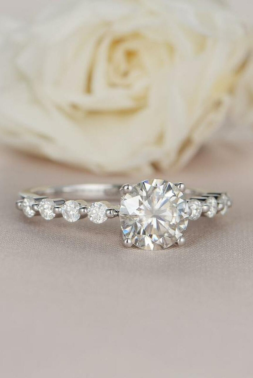 1.0CT Round Bubble Pave Moissanite Diamond Four Prong Engagement Ring