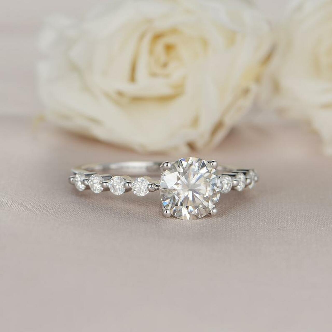1.0CT Round Bubble Pave Moissanite Diamond Four Prong Engagement Ring