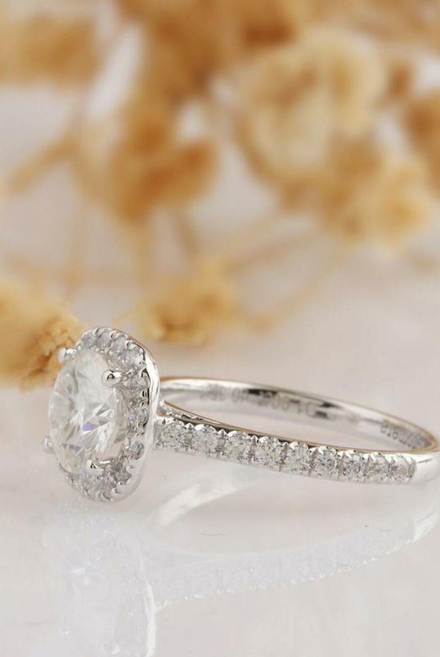 1.0CT Cathedral Set Round Moissanite Diamond Halo Engagement Ring