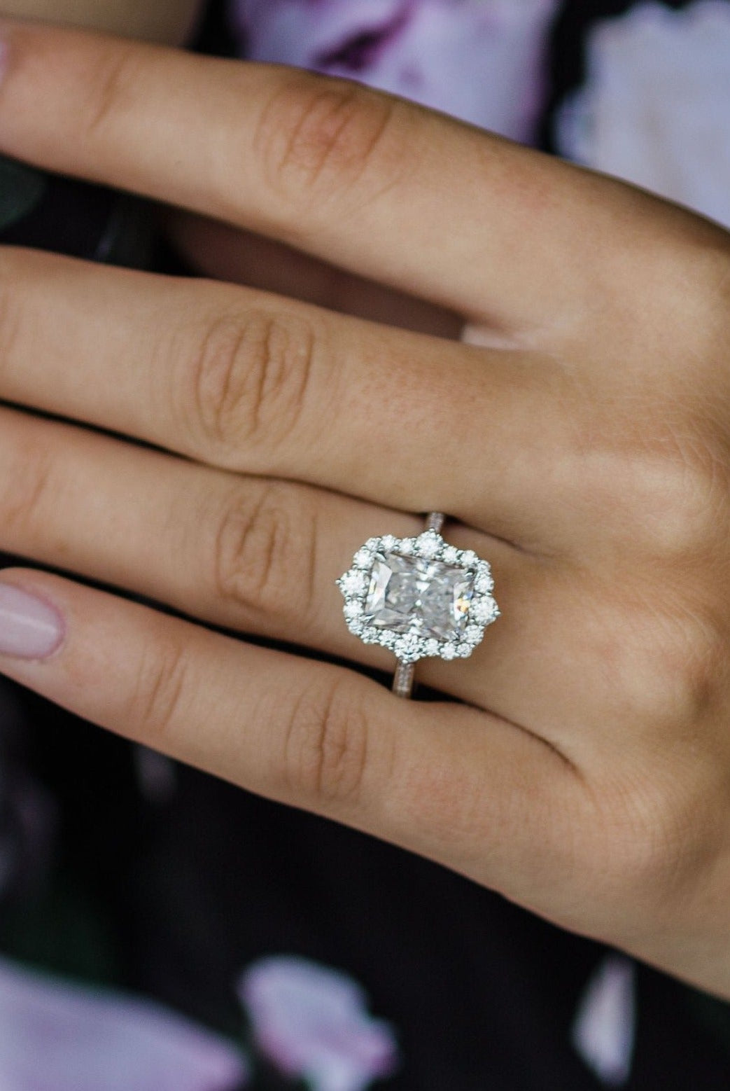 3.40CT Radiant Cut Unique Halo Moissanite Engagement Ring