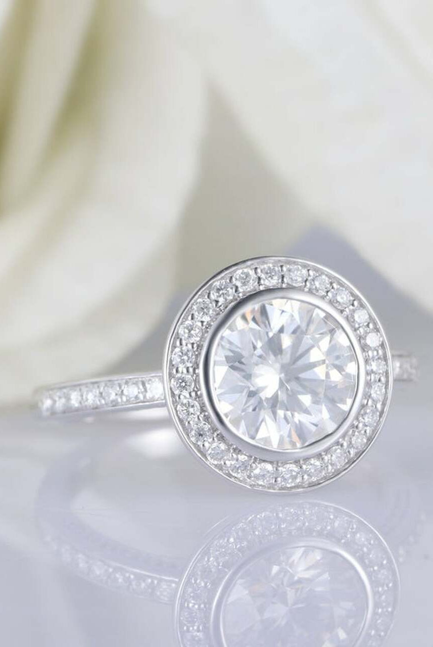 1.5CT Round Halo Moissanite Diamond Pave Engagement Ring In 14K White Gold