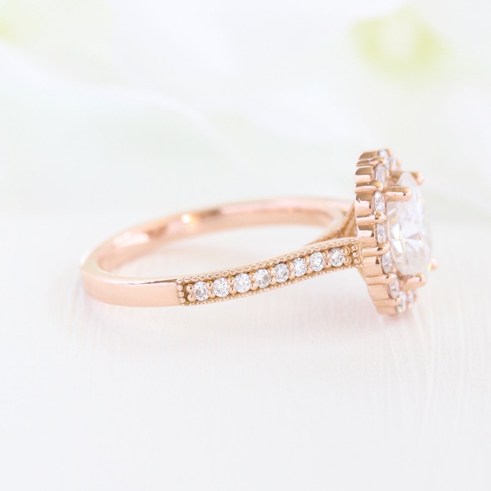 1.50CT Oval Floral Halo Moissanite Diamond Channel Set Engagement Ring