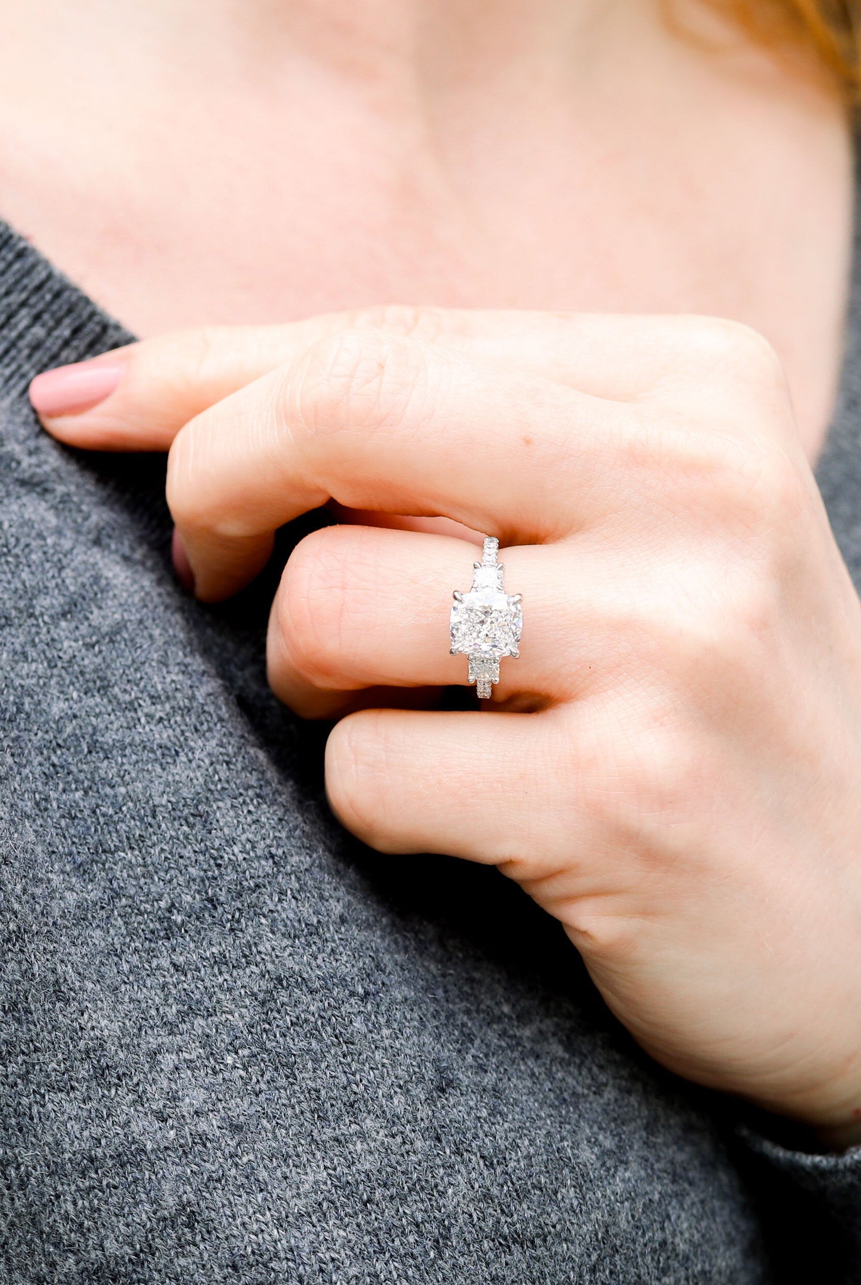 2.50CT Cushion Cut Moissanite Three Stone Pave Diamond Engagement Ring