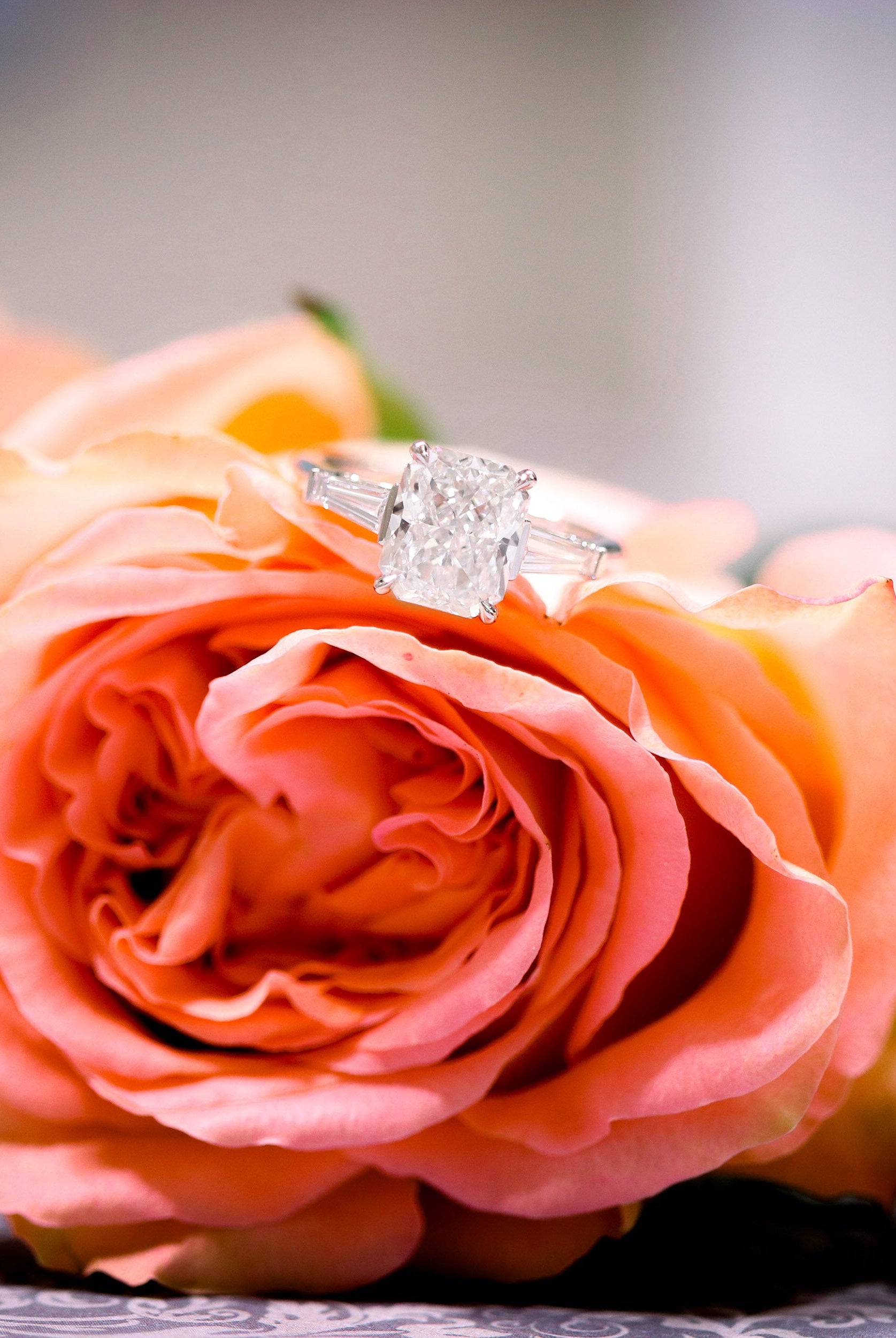 2.50CT Radiant Three Stone Moissanite Diamond Cathedral Set Engagement Ring