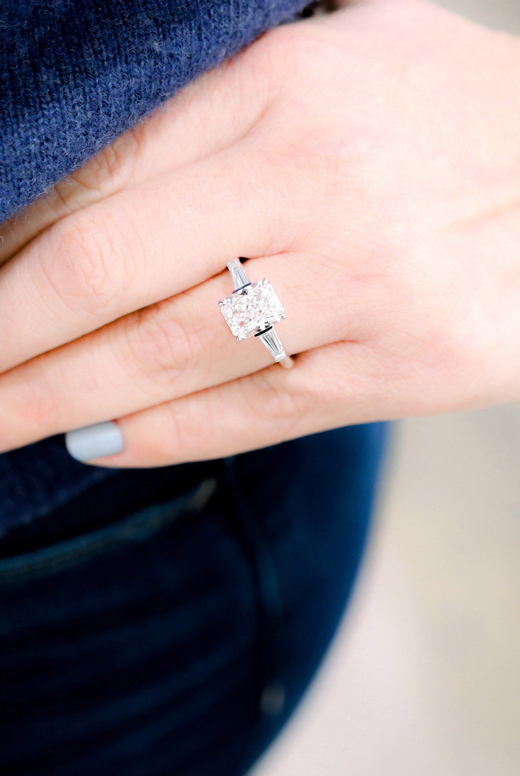 2.50CT Radiant Three Stone Moissanite Diamond Cathedral Set Engagement Ring