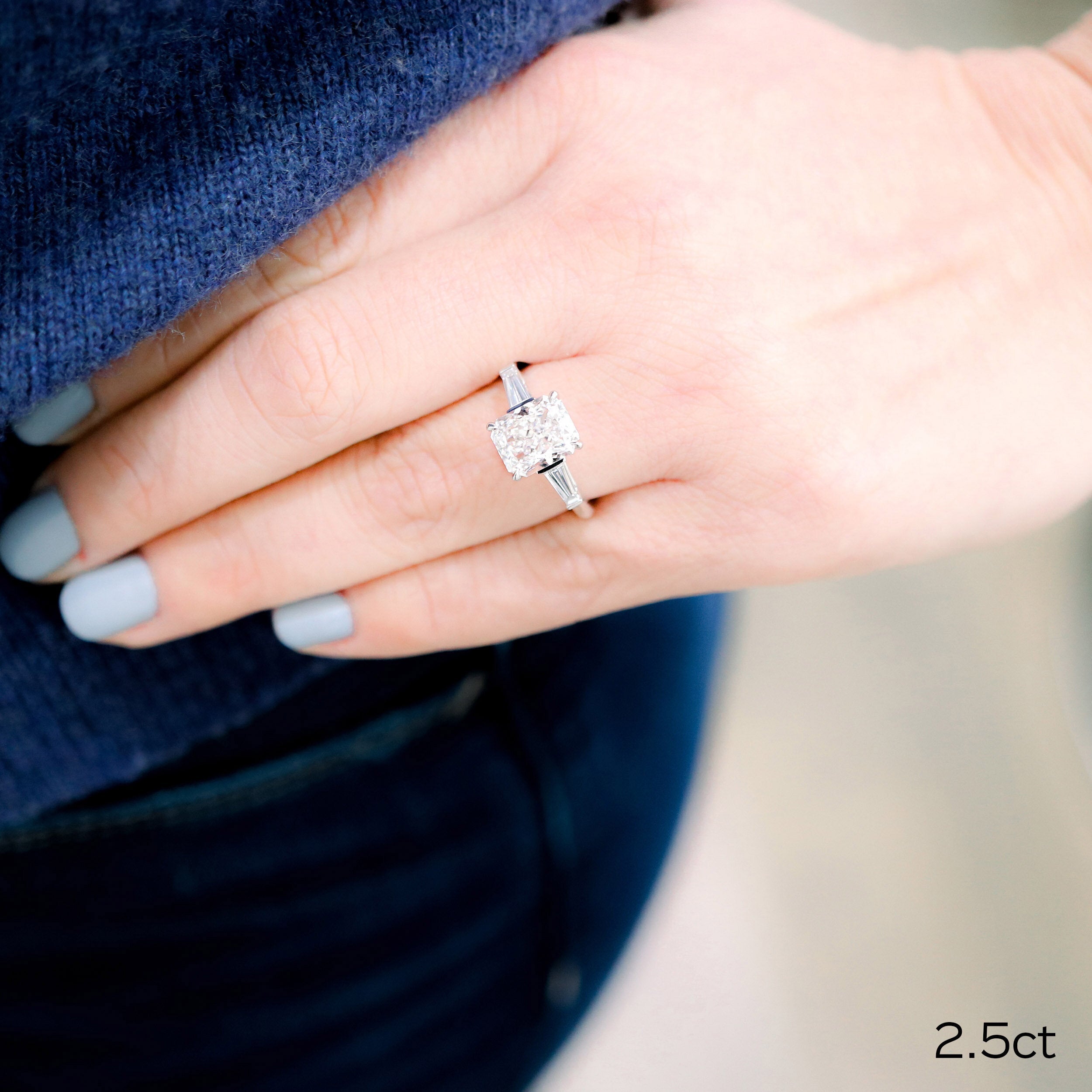 2.50CT Radiant Three Stone Moissanite Diamond Cathedral Set Engagement Ring