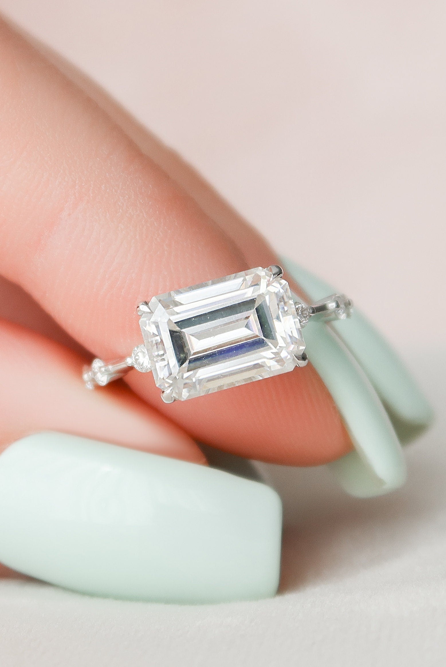 East West Emerald Moissanite Ring