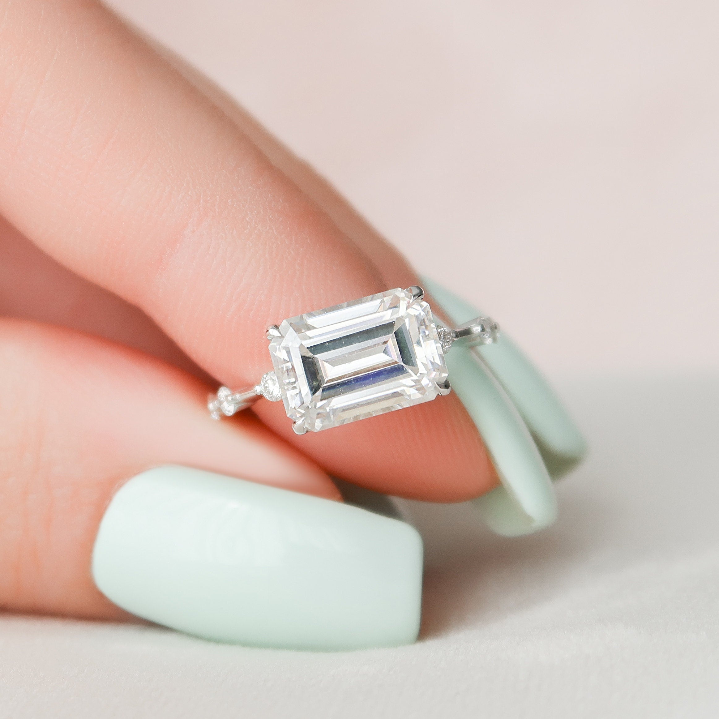 East West Emerald Moissanite Ring