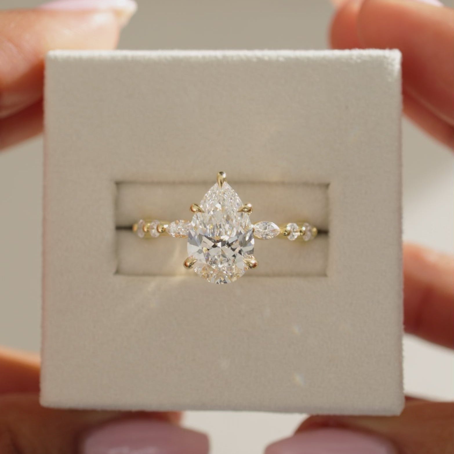 pear diamond engagement ring, pear shaped diamond ring, gold pear diamond ring, pavé setting engagement ring, pavé diamond ring