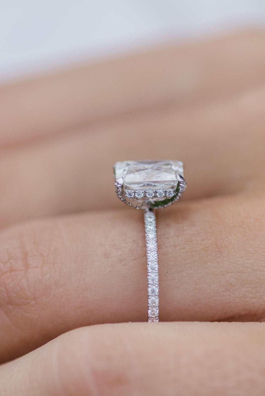 2.0CT Radiant Hidden Halo Moissanite Diamond Pave Engagement Ring